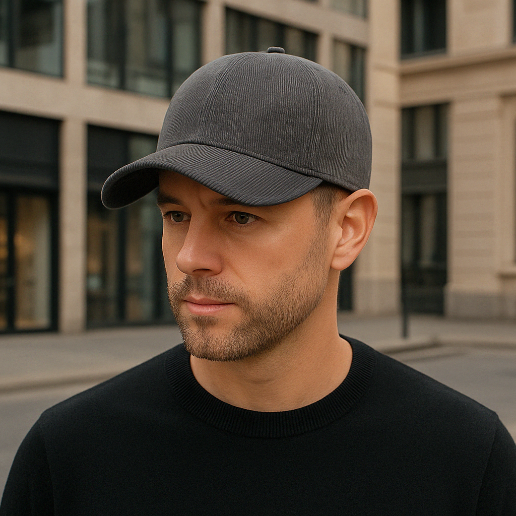 Casquette en velours côtelé beige sur fond neutre