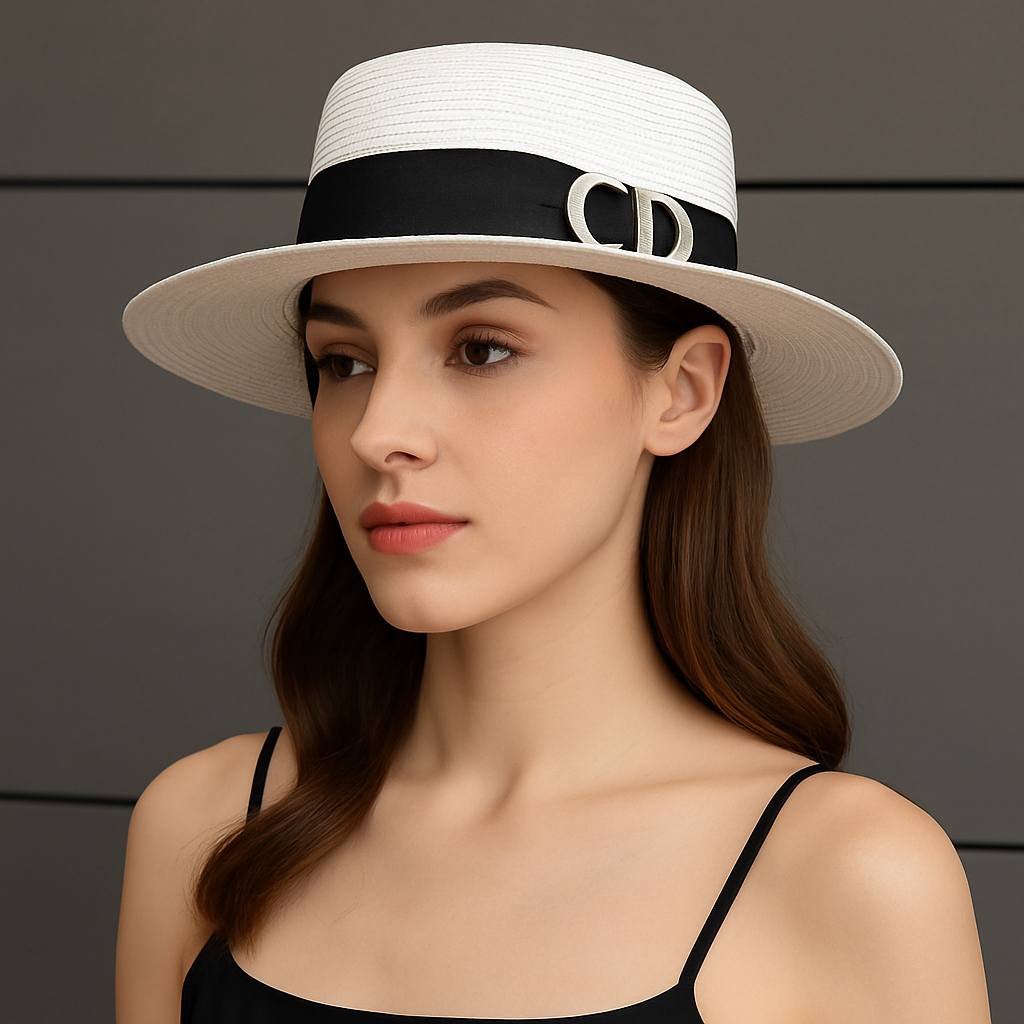 Vue latérale du chapeau de paille, mettant en avant sa forme plate