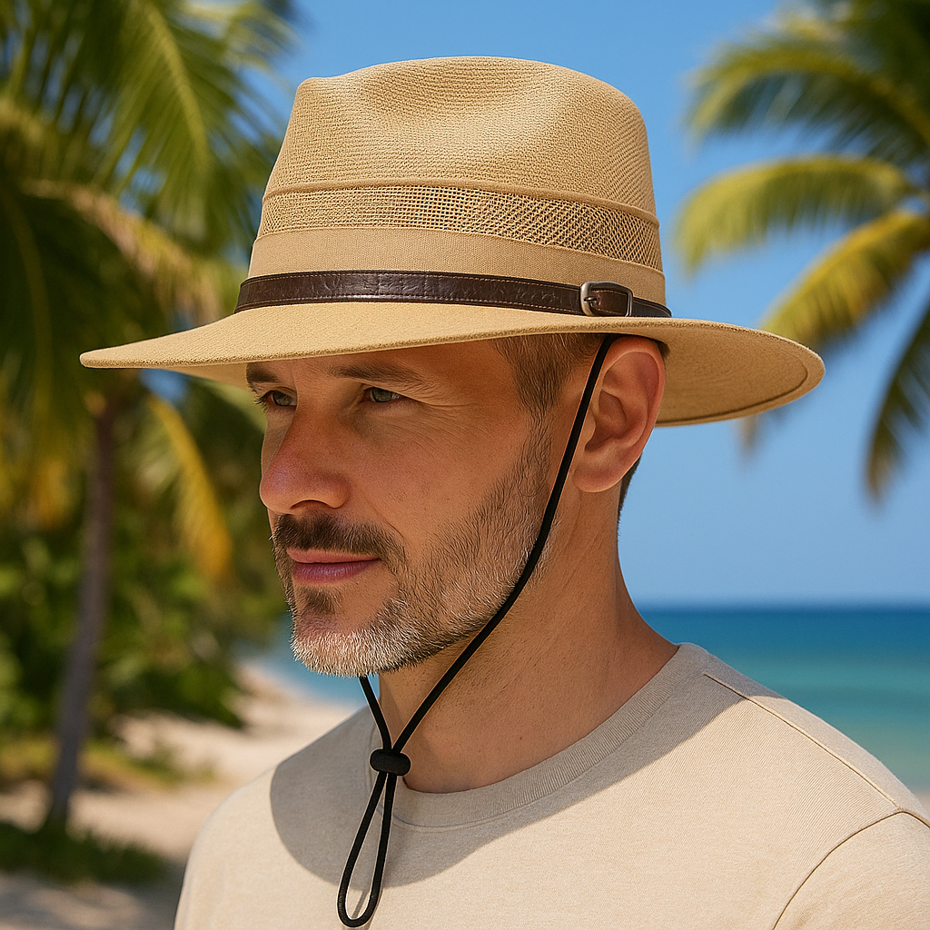 Chapeau Panama avec bande ajourée et cordon ajustable