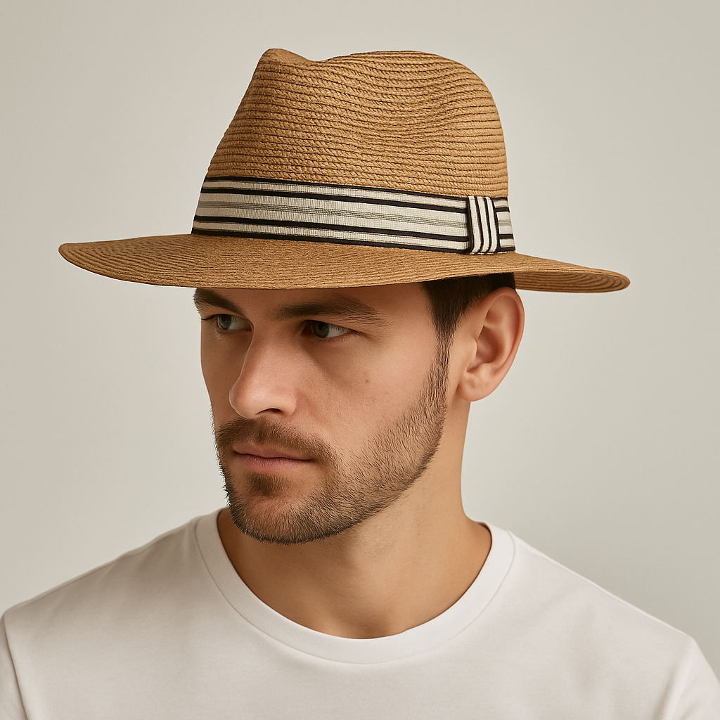 Chapeau Panama avec ruban rayé contrasté sur fond blanc