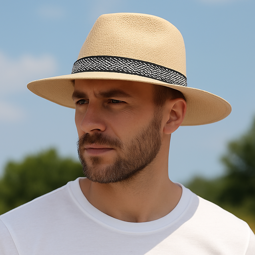 Chapeau Panama avec large bord et ruban graphique