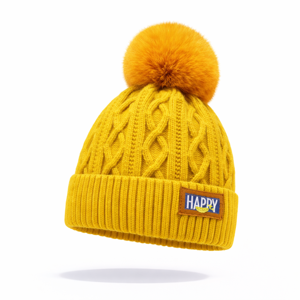 Bonnet d'hiver en coton, pompon et torsades visibles