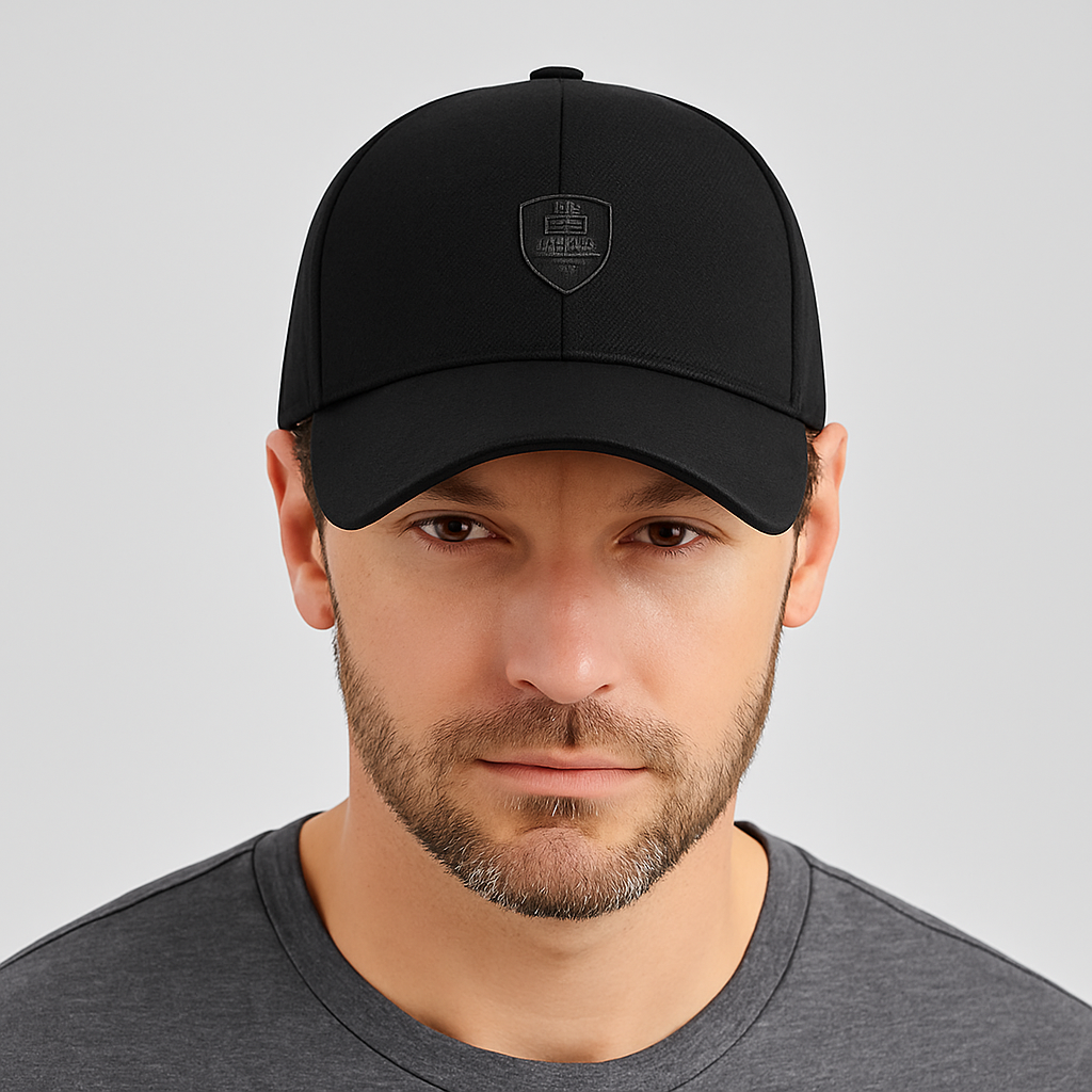 Casquette noire vue de face avec écusson en relief