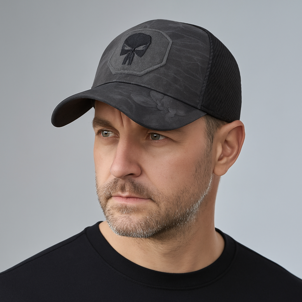 Casquette camouflage avec patch crâne brodé sur le devant