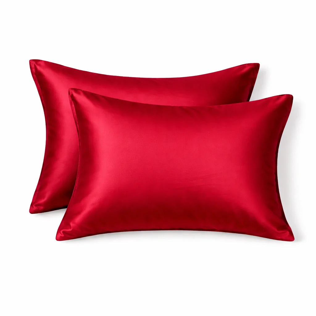 Comparaison de différentes couleurs de taies en soie sur un lit