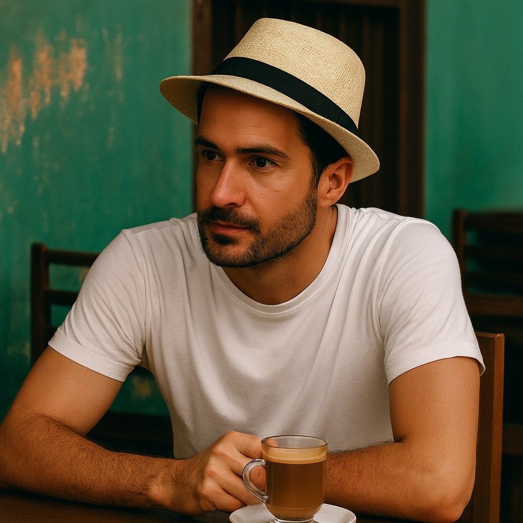 Chapeau Panama posé sur une table en bois, lumière naturelle