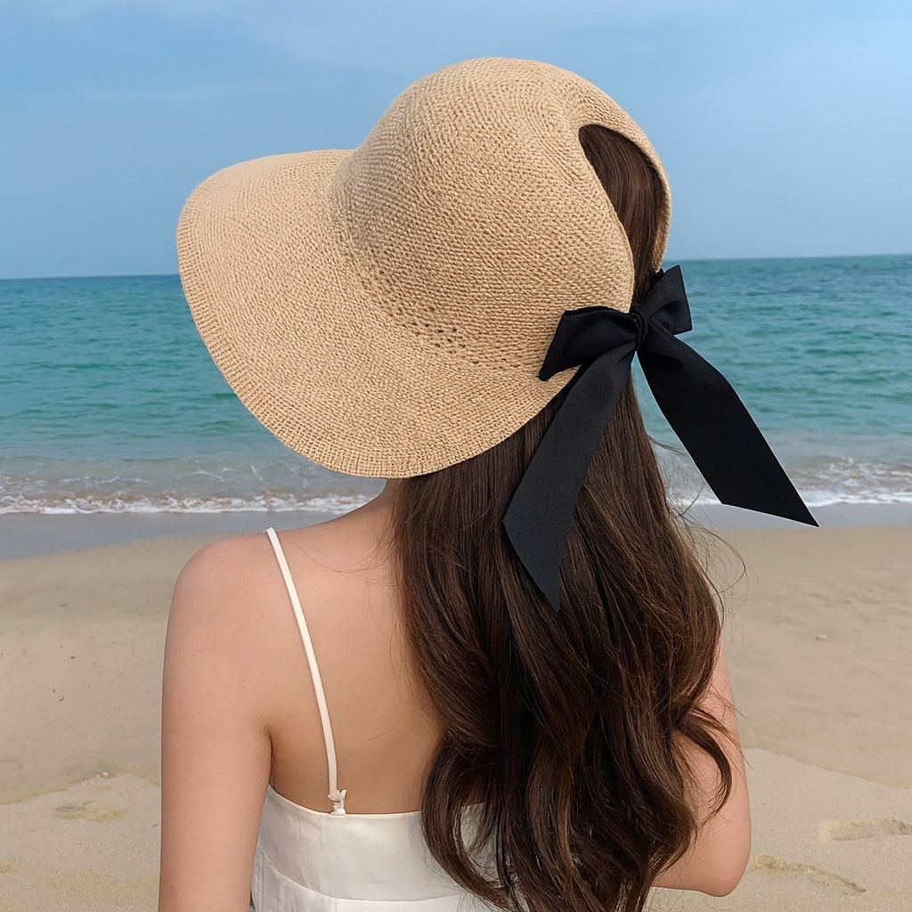 Chapeau de paille pliable avec ouverture pour cheveux attachés