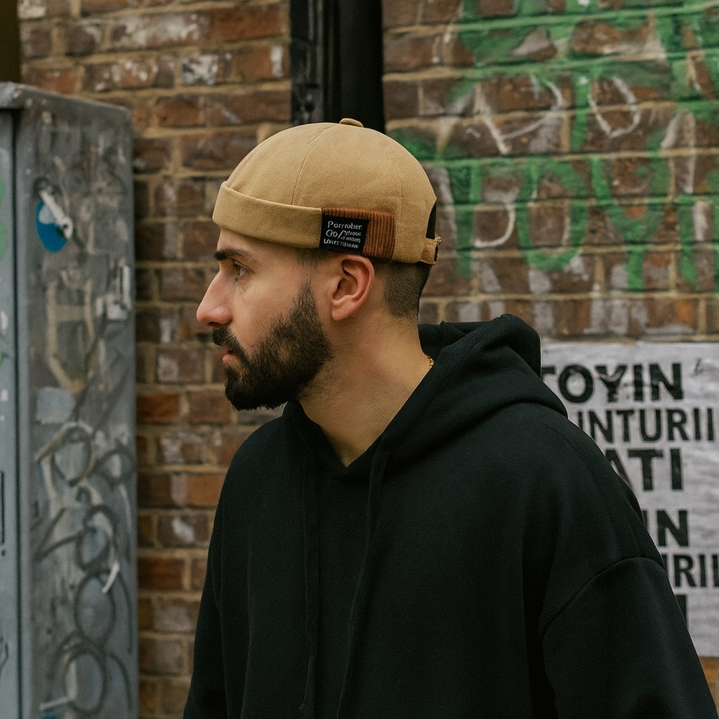 Bonnet docker beige avec écusson brodé moderne