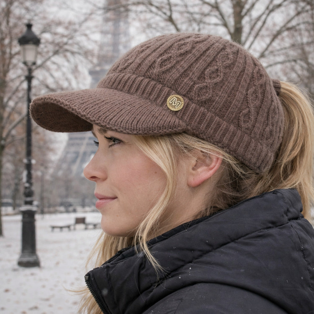 Femme portant un bonnet en maille torsadée beige