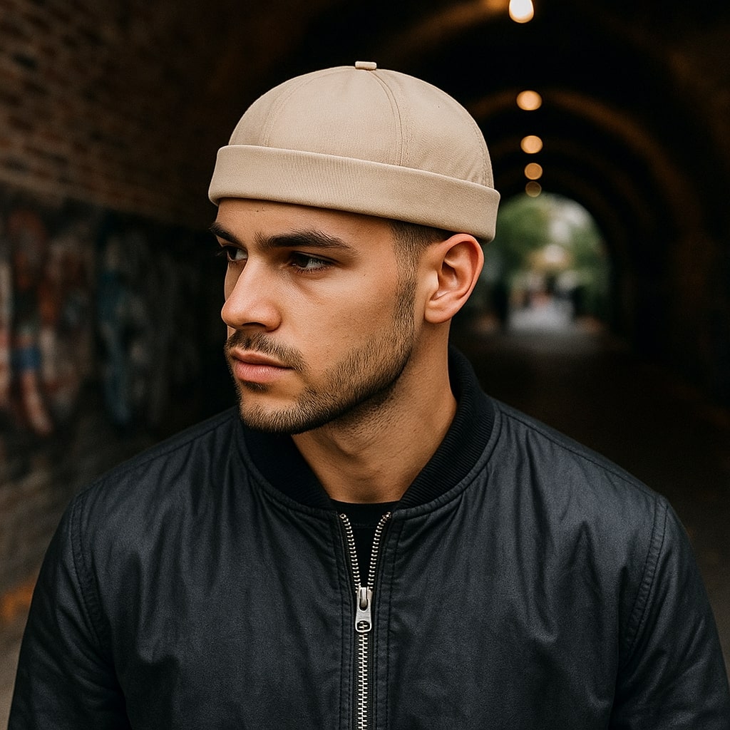 Bonnet docker noir avec boucle métallique réglable