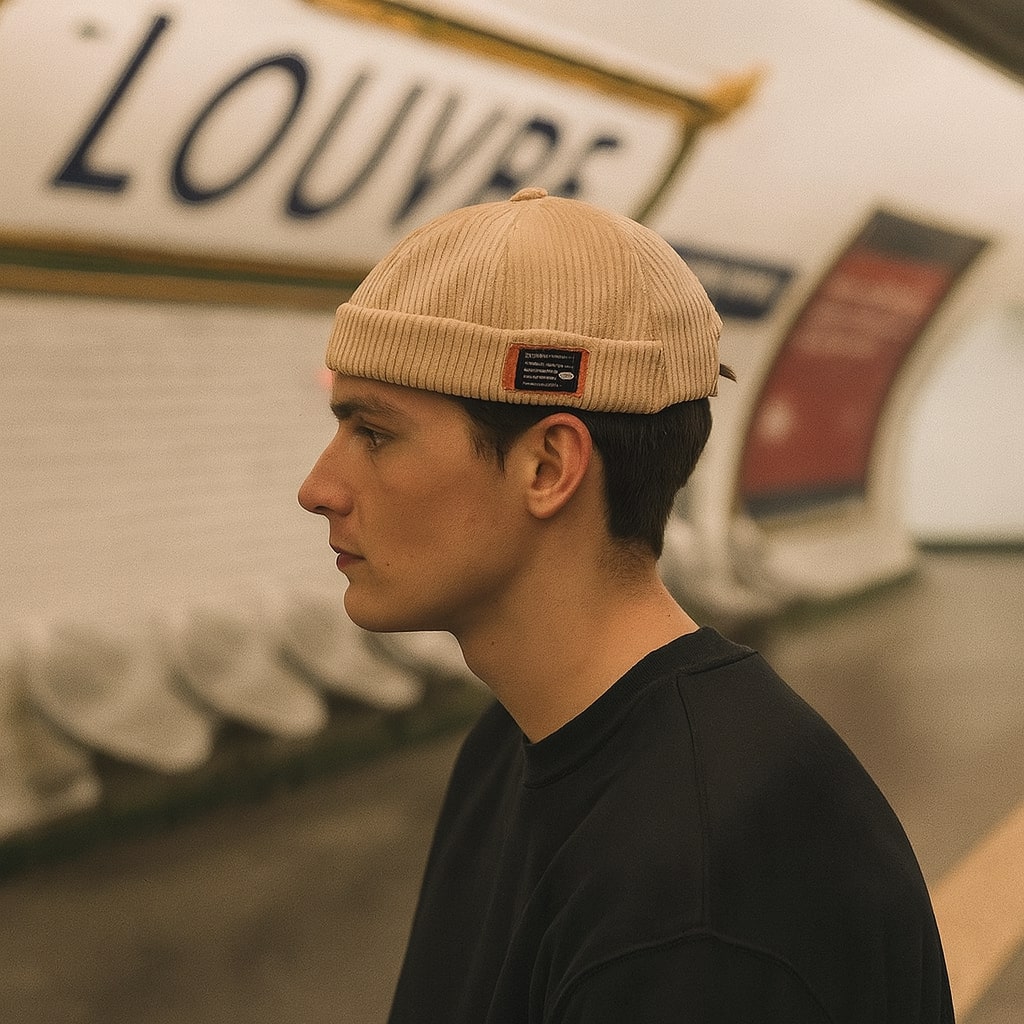 Bonnet en velours côtelé beige sur fond neutre