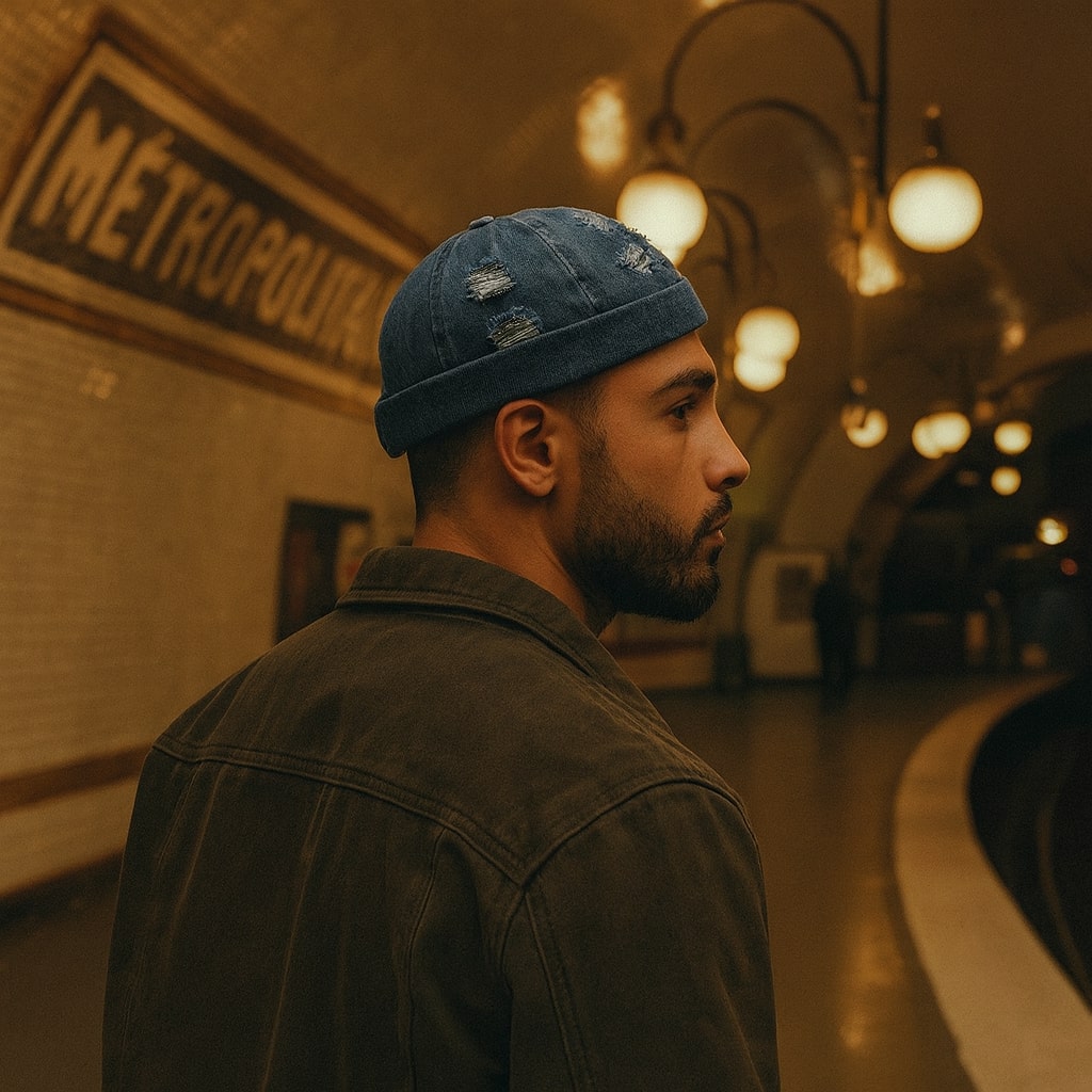 Bonnet denim avec déchirures et bord retroussé
