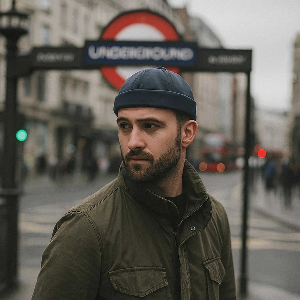 Bonnet imperméable bleu sur fond blanc, vue de face