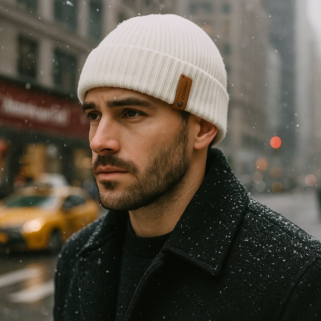 Bonnet blanc en maille côtelée avec détail en cuir