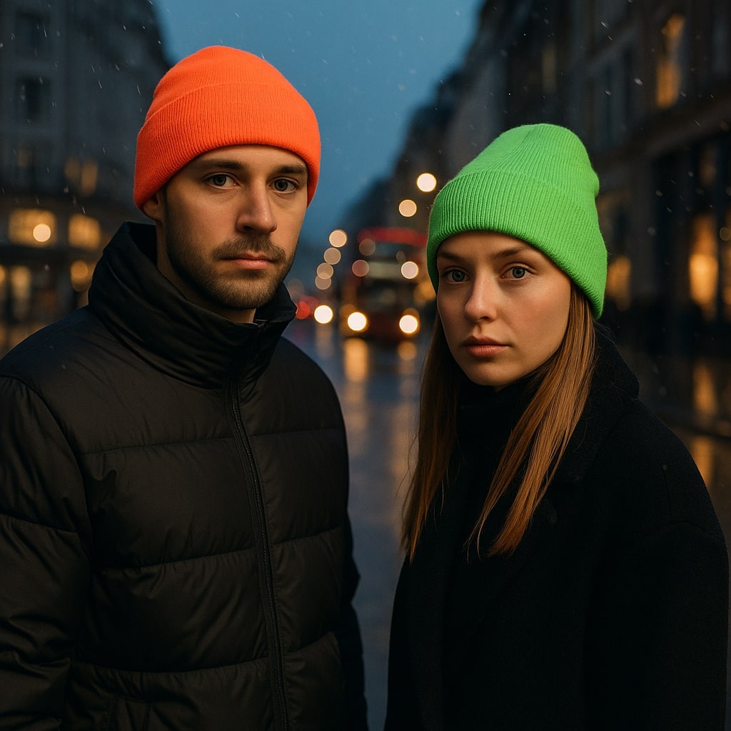 Bonnet fluo en maille douce sur fond blanc