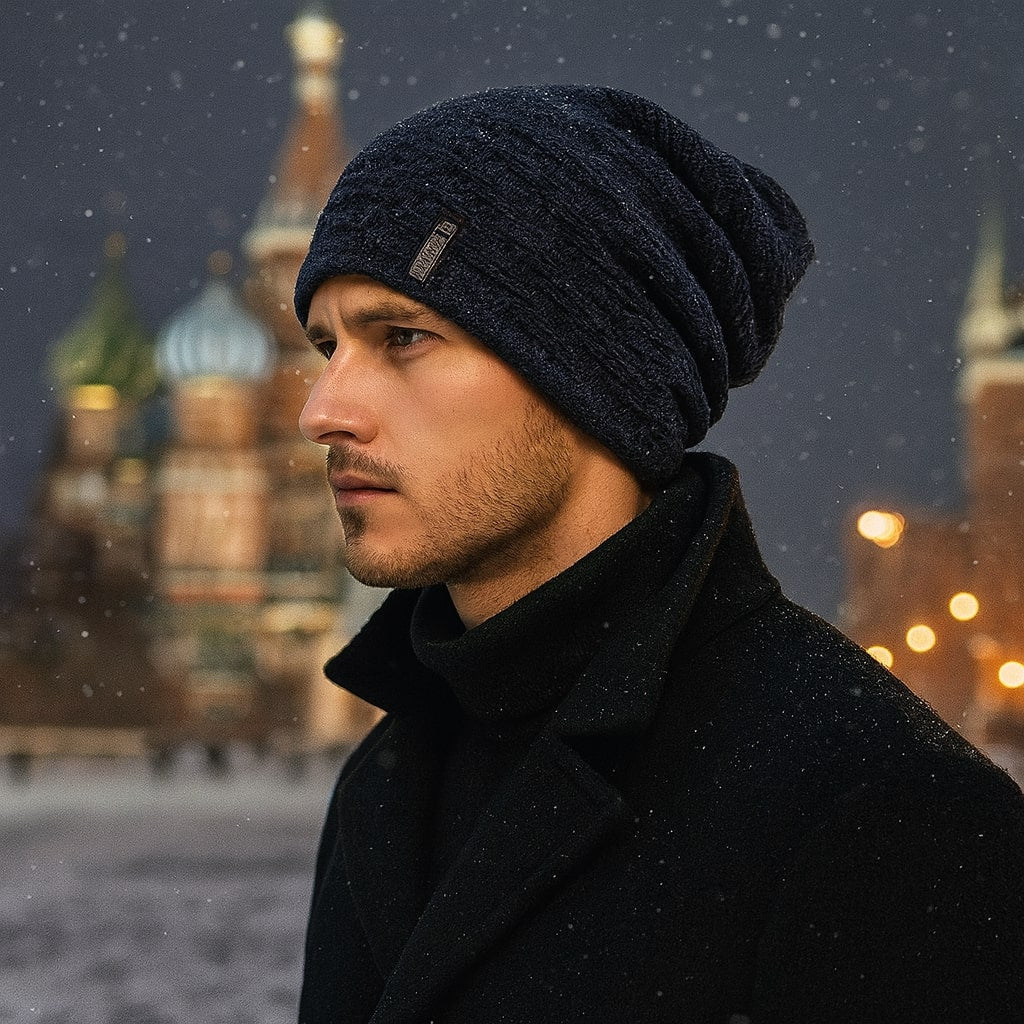 Homme portant un bonnet long en velours noir