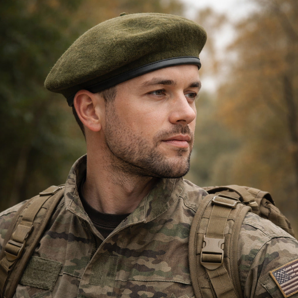 Homme portant un béret militaire dans un cadre urbain