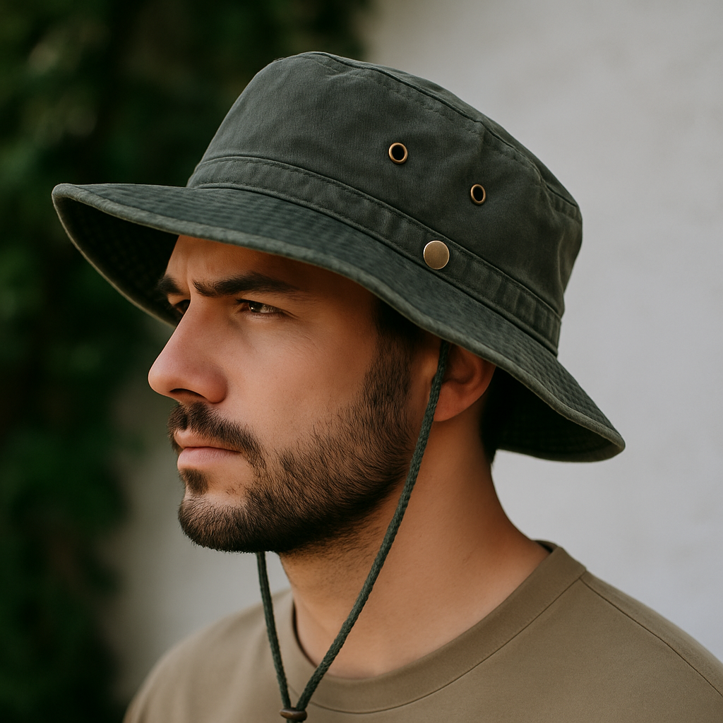 Chapeau de randonnée avec cordon ajustable sur fond blanc