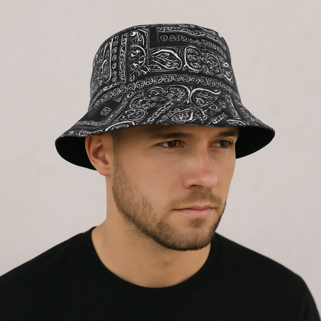 Bob bandana rouge avec motif streetwear, vue de face
