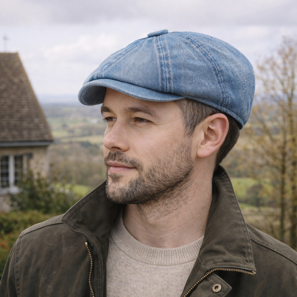 Casquette Gavroche en denim posée sur une table en bois