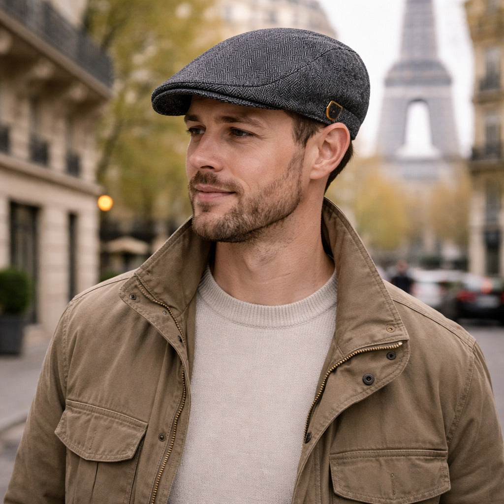 Homme portant un béret noir dans un cadre urbain