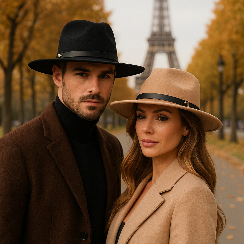 Chapeau Fedora en laine posé sur une table en bois