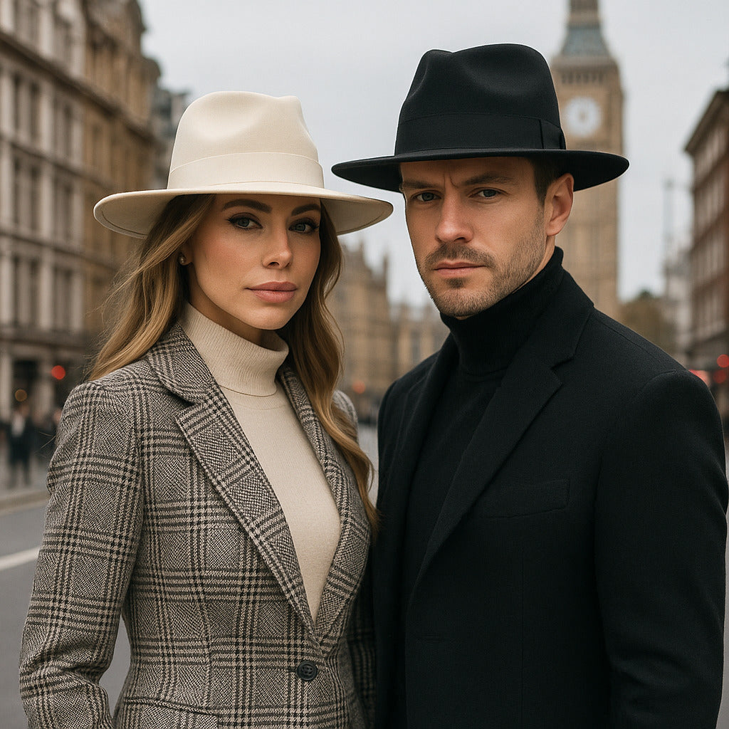 Chapeau Fedora en coton beige sur fond blanc
