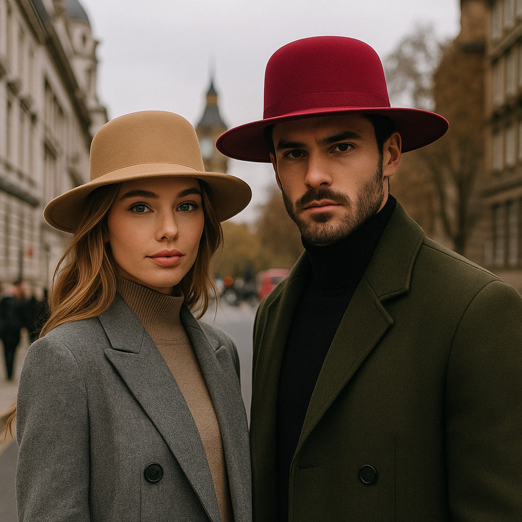Chapeau Fedora en coton posé sur une table en bois