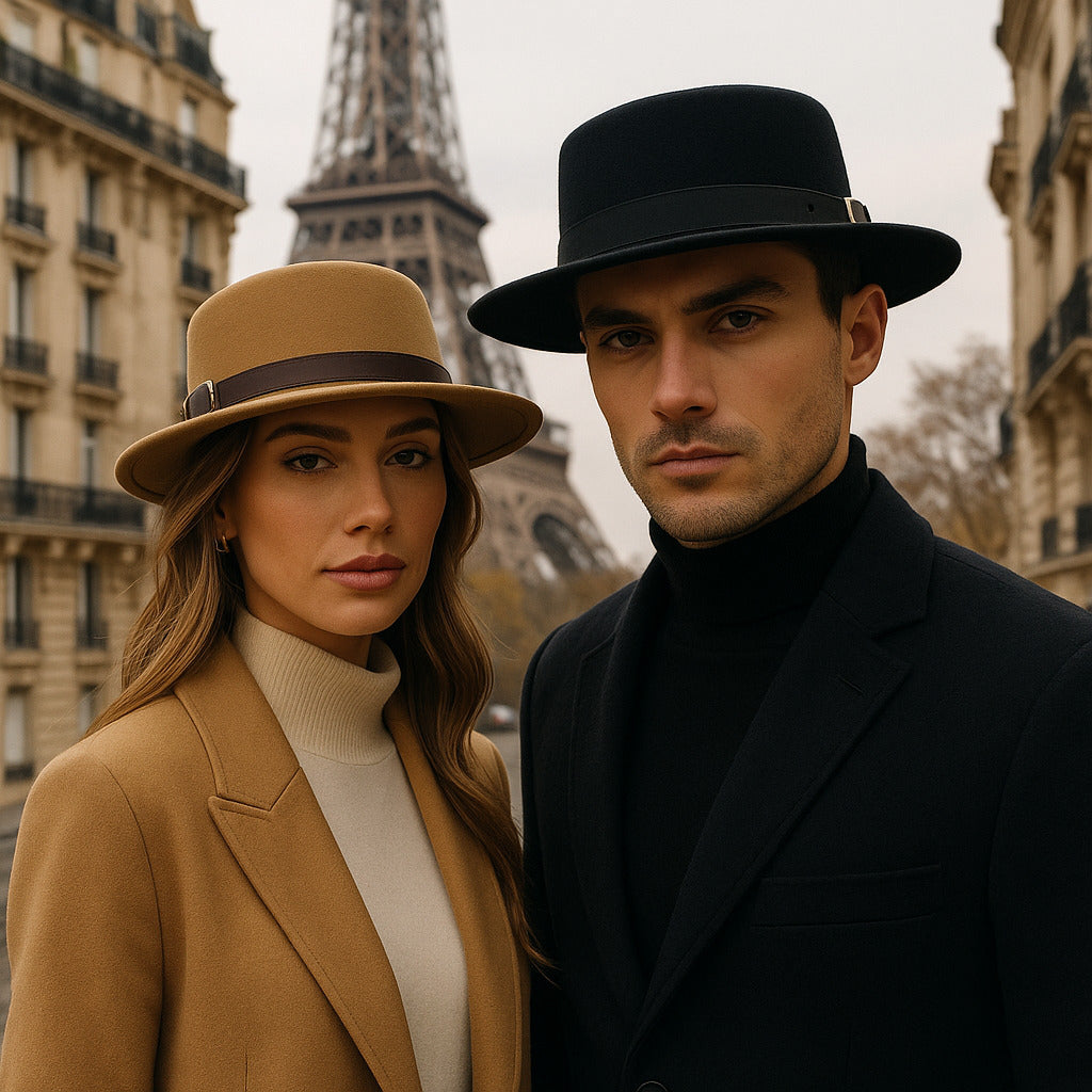 Homme portant un chapeau Fedora noir en extérieur
