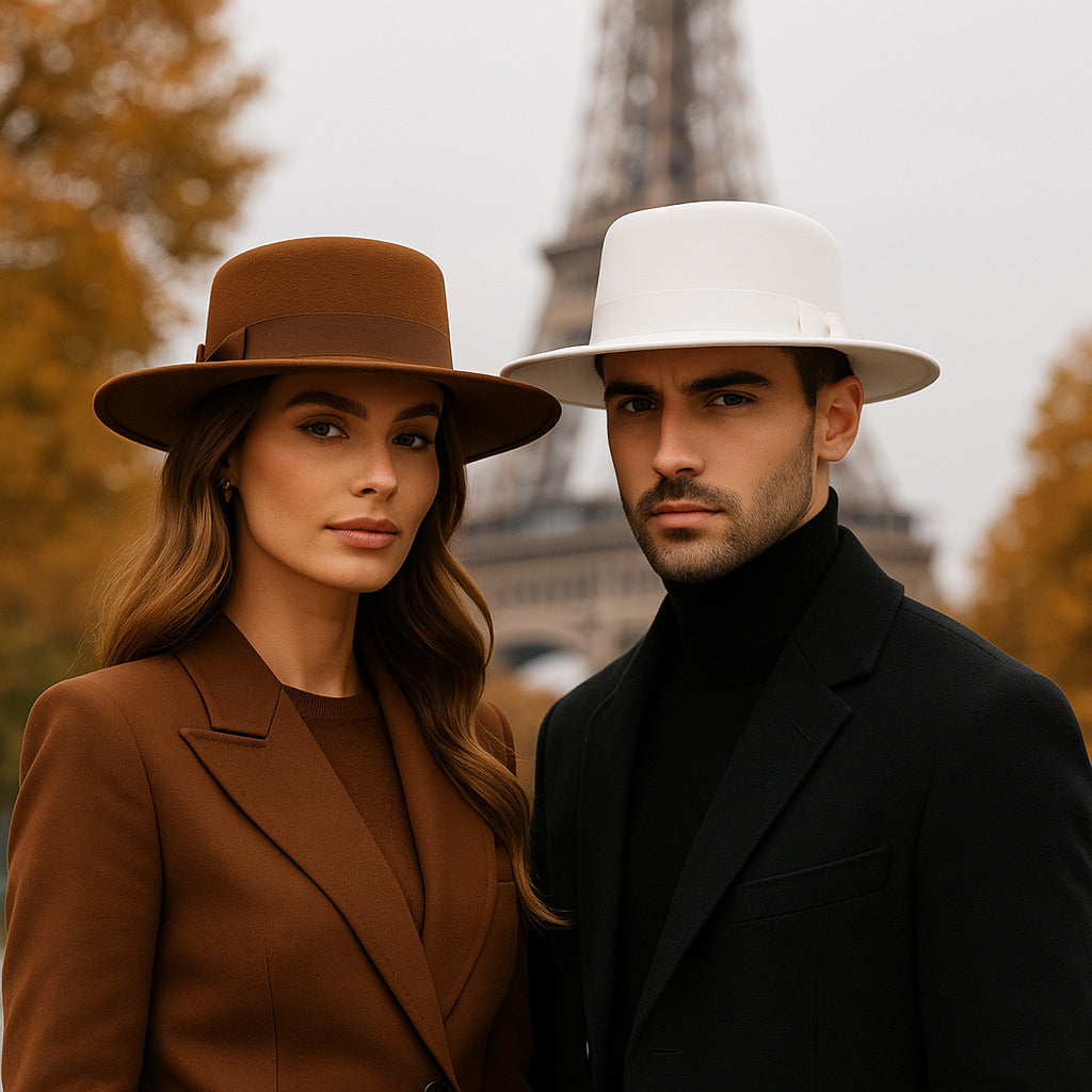 Homme portant un chapeau fedora en feutre gris, vue de profil