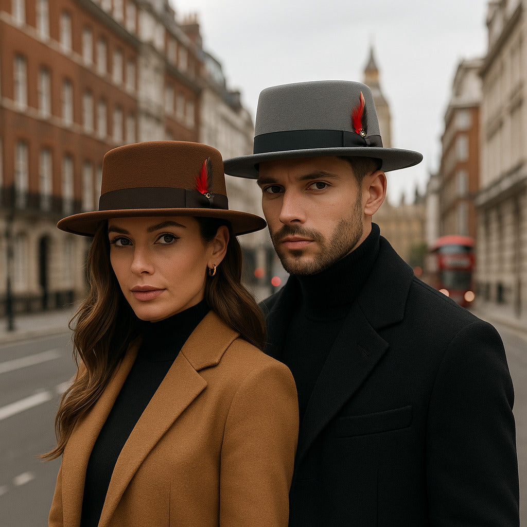 Chapeau Fedora en coton posé sur une table en bois