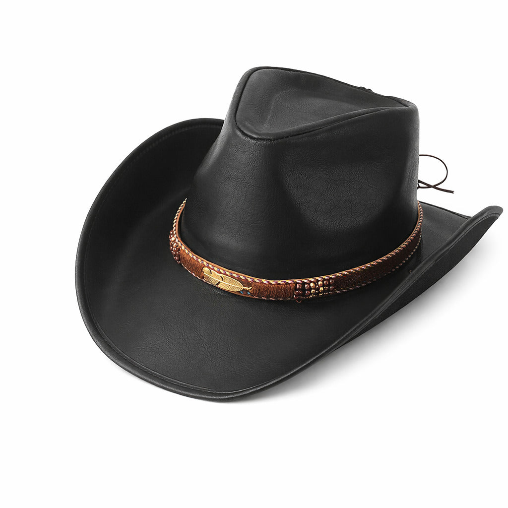 Chapeau en cuir noir avec bordure large