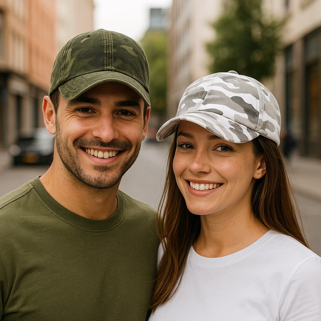 Casquette camouflage sur fond blanc, vue de face