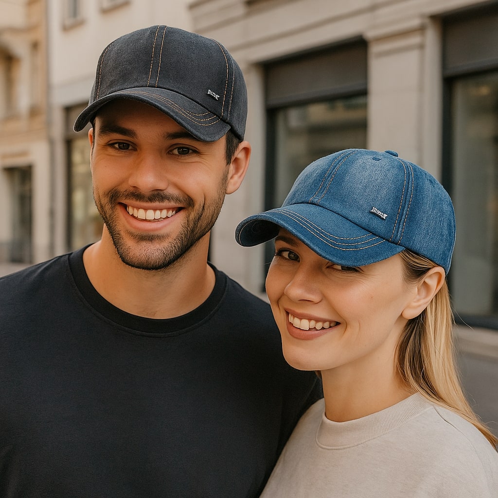 Casquette denim ajustable sur fond blanc, vue de face