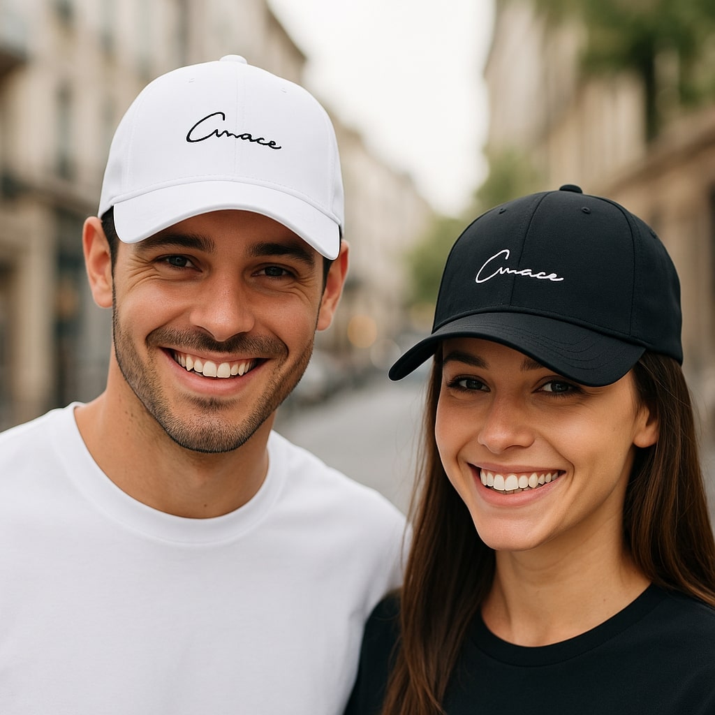 Casquette minimaliste noire sur fond blanc, vue de face