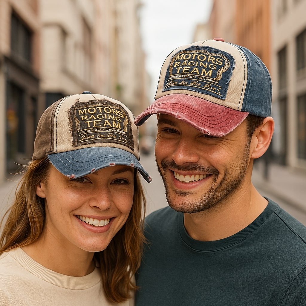 Casquette vintage avec broderies de voitures de course