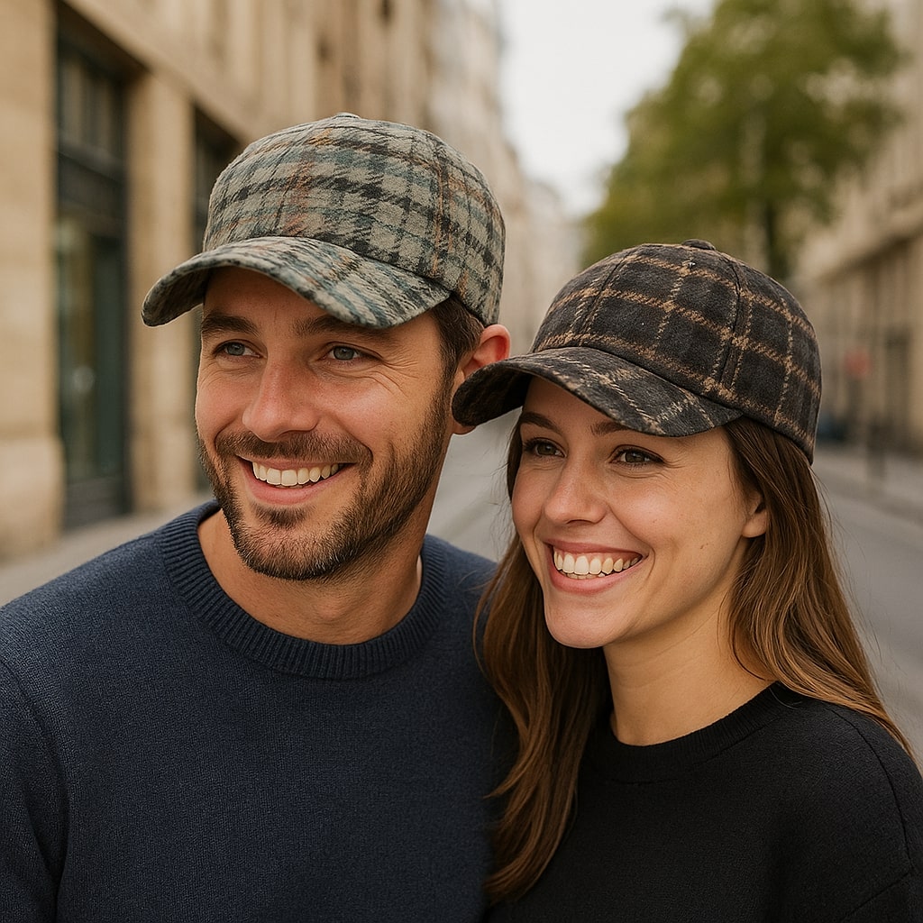 Casquette écossaise ajustable posée sur une table en bois