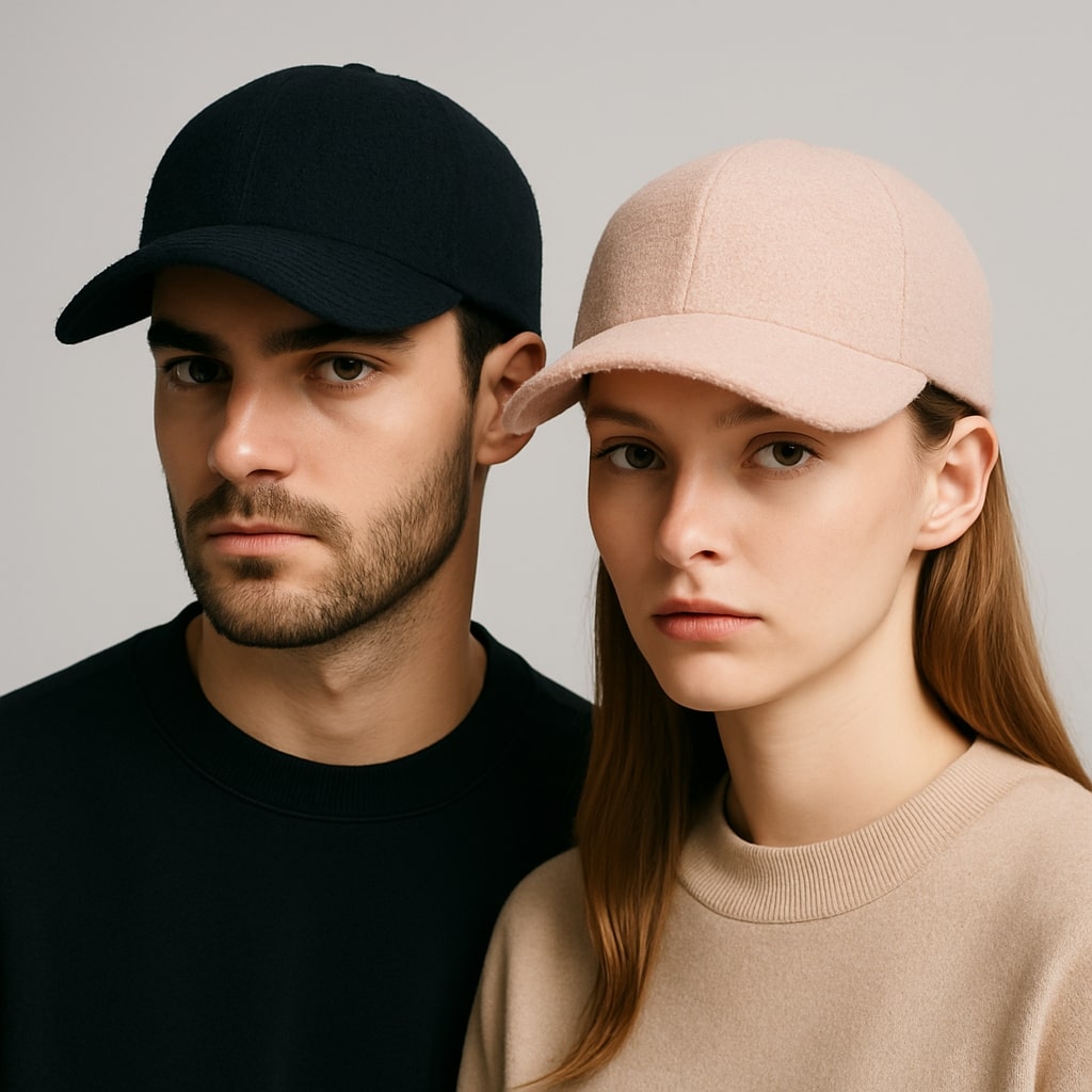 Casquette en lin texturé posée sur une table en bois