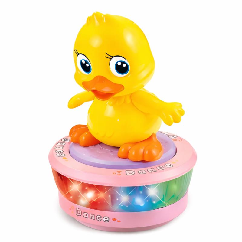 Enfant jouant avec un canard musical lumineux sur le sol