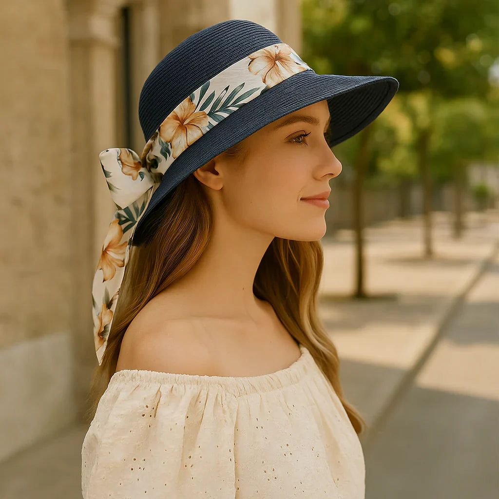 Chapeau de paille à larges bords avec ruban fleuri tropical