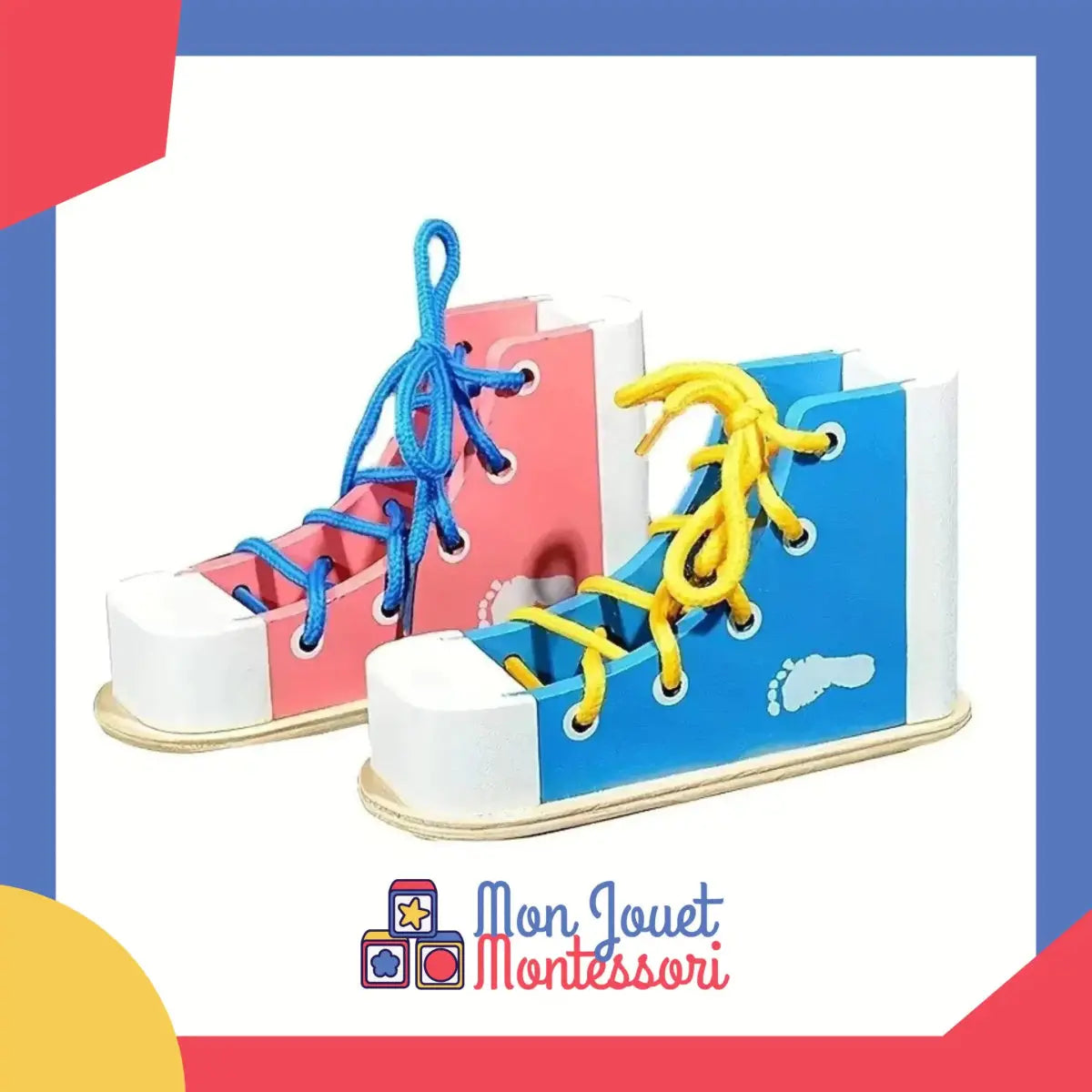 Chaussure en bois pour enfant avec lacets colorés, vue de côté