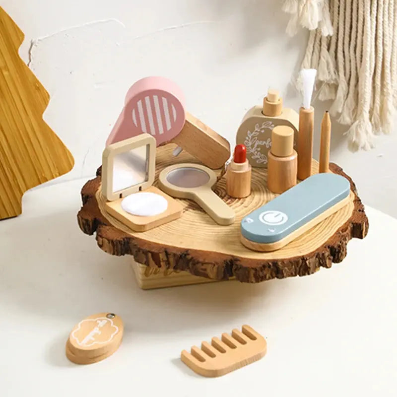 Pochette de rangement avec accessoires de maquillage en bois