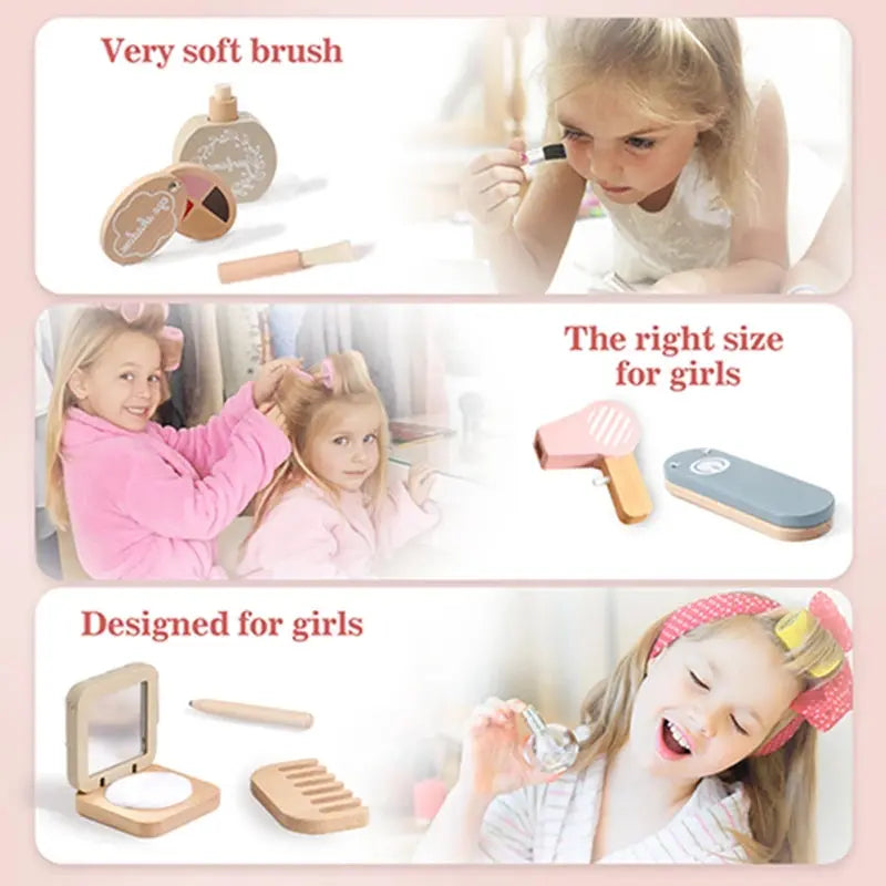 Accessoires de maquillage en bois sur une table pastel