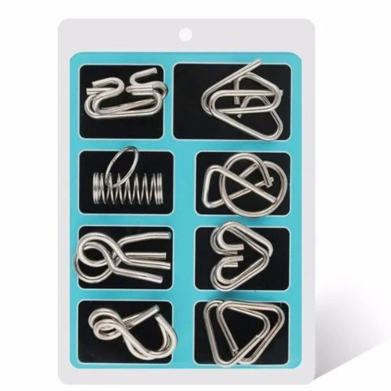Coffret bleu avec huit casse-têtes en métal