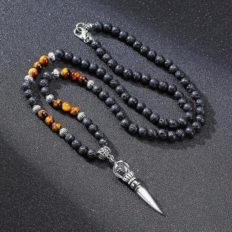 Collier avec pendentif poignard, perles de lave et œil de tigre