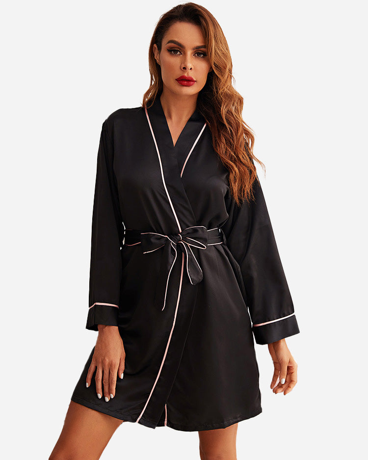 Peignoir femme robe de nuit satin col en V noir et rose