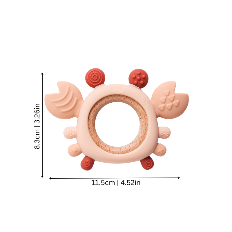 Anneau de dentition en bois avec motif crabe, dimensions visibles