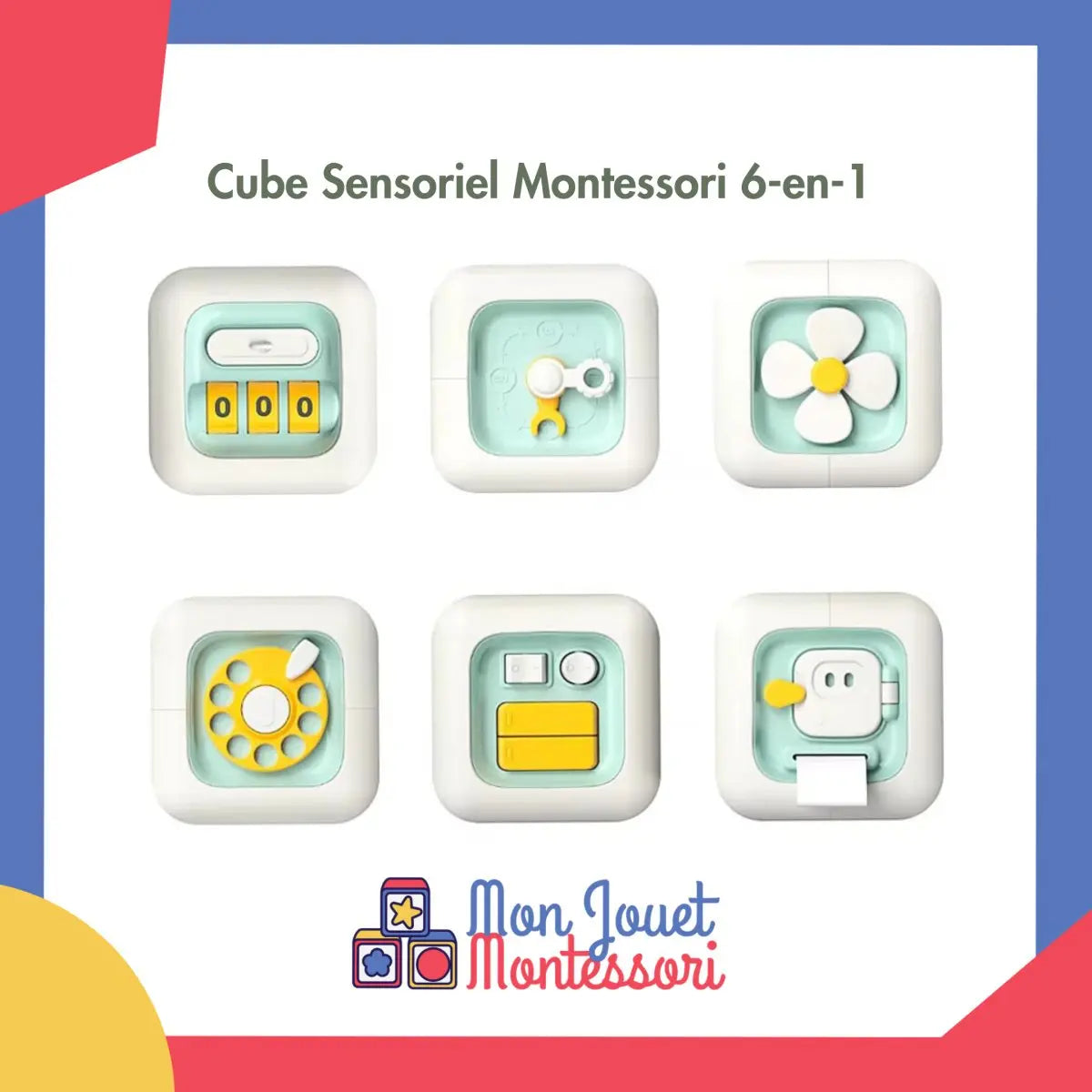Cube éducatif avec boutons rotatifs et pistes à billes colorées