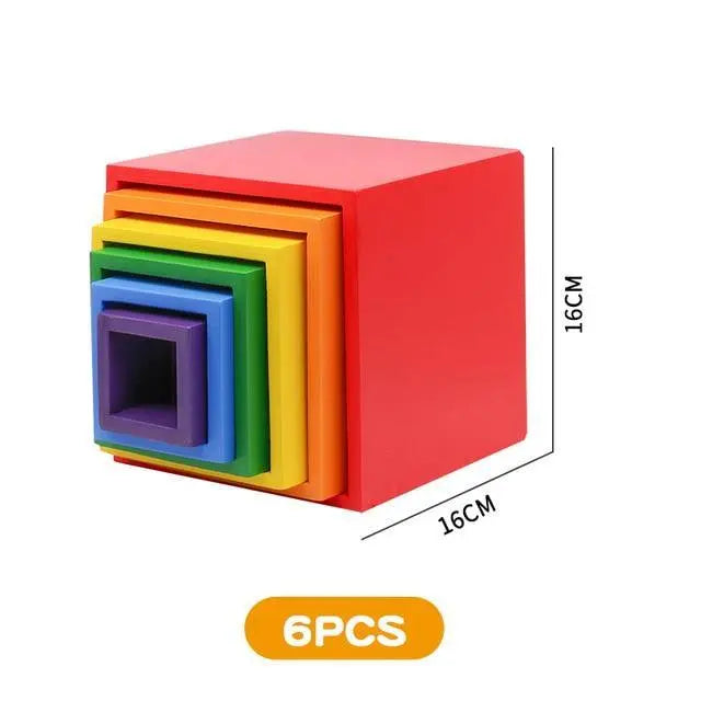 Cubes Montessori empilés, couleurs vives, vue de dessus