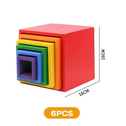 Cubes Montessori empilés, couleurs vives, vue de dessus